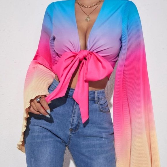 RAINBOW Print Knot Front Flounce Sleeve Top - Picture 6 of 7